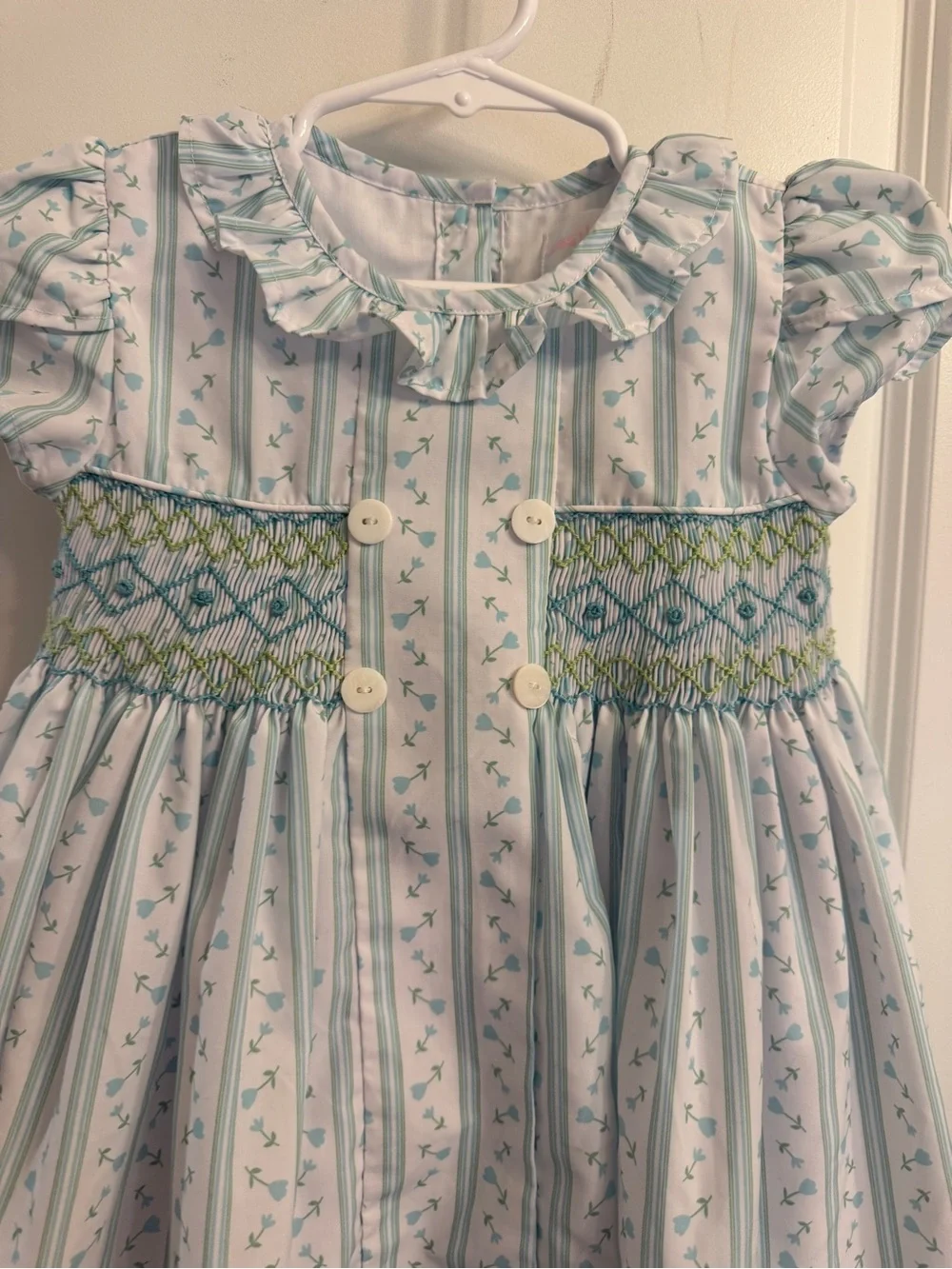 Girls White and Light Blue Smocked Floral Stripe Dress